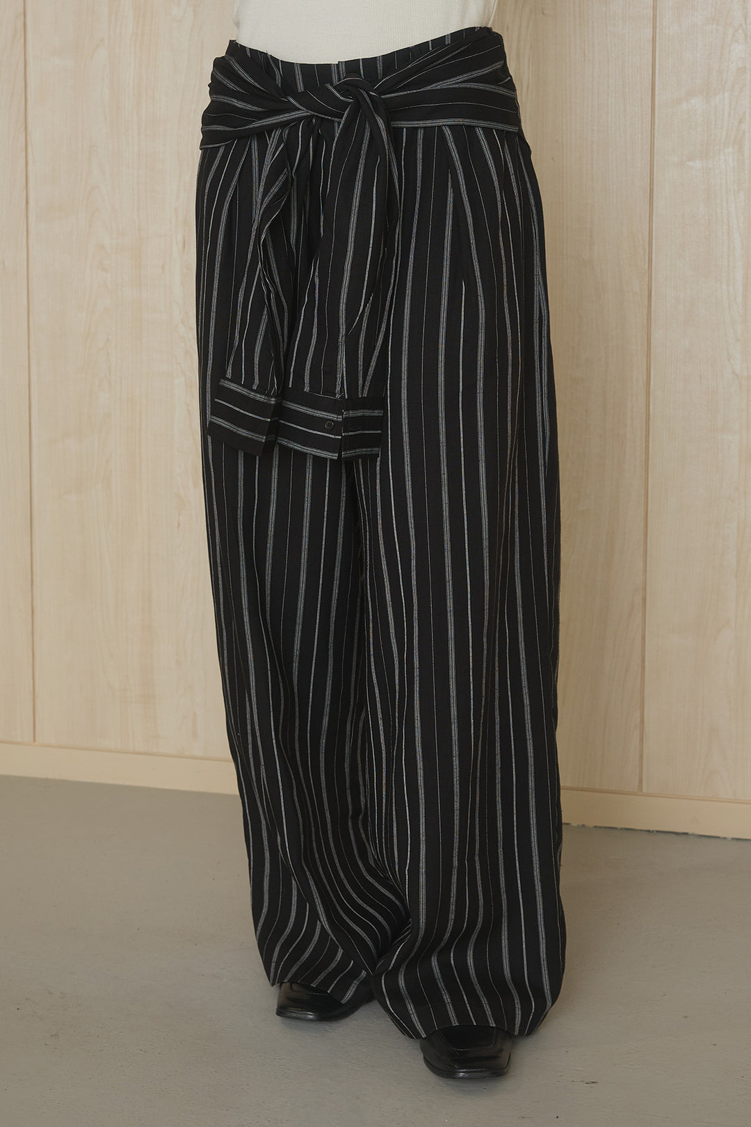 [SET]襟付きボタンブラウス+ウエスト巻きピンストライプパンツ(2set)