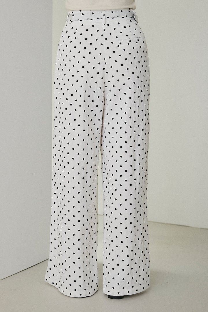 [SET]配色ステッチシアーシャツ+ベルト付きドット柄ワイドパンツ(2set)