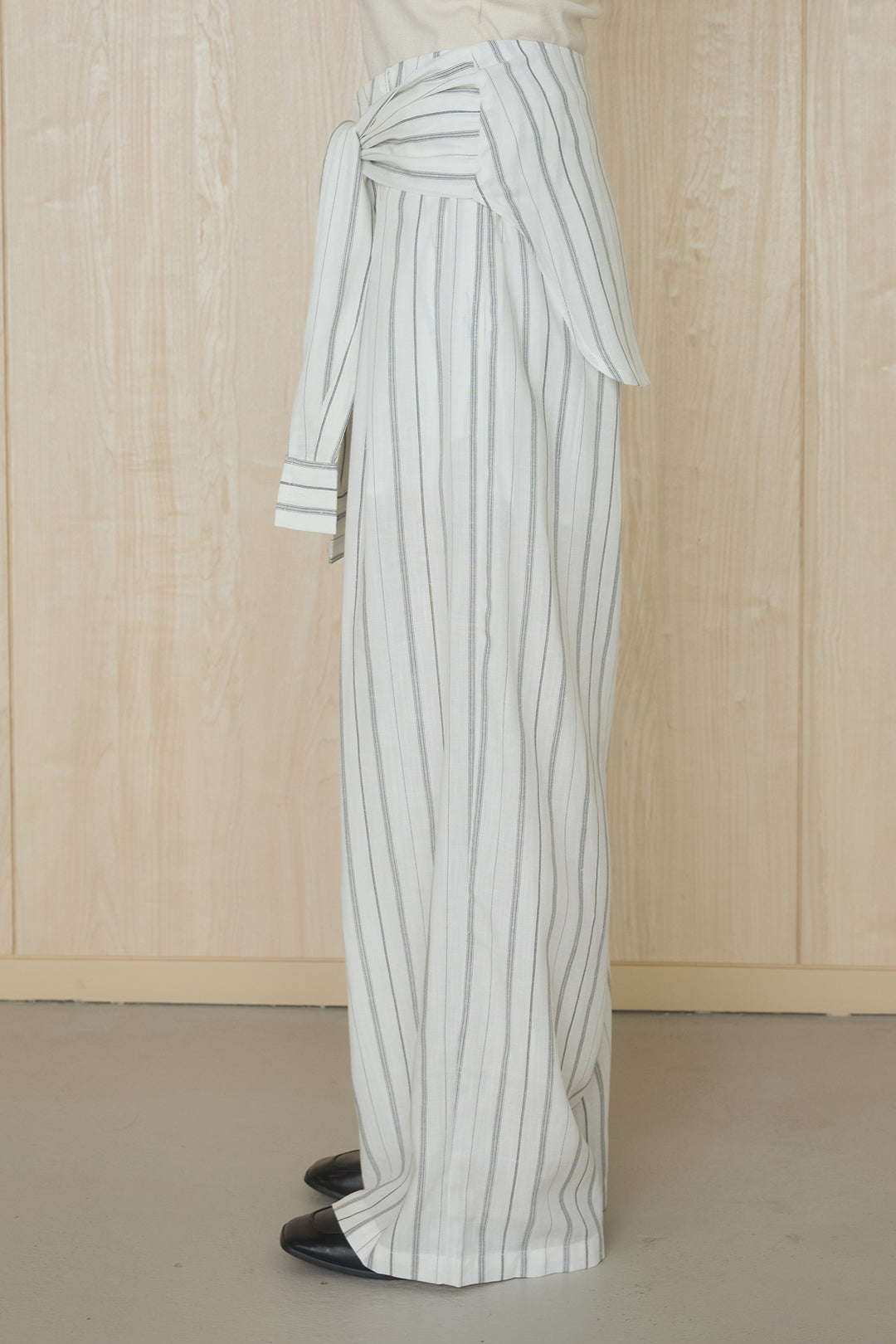 [SET]襟付きボタンブラウス+ウエスト巻きピンストライプパンツ(2set)