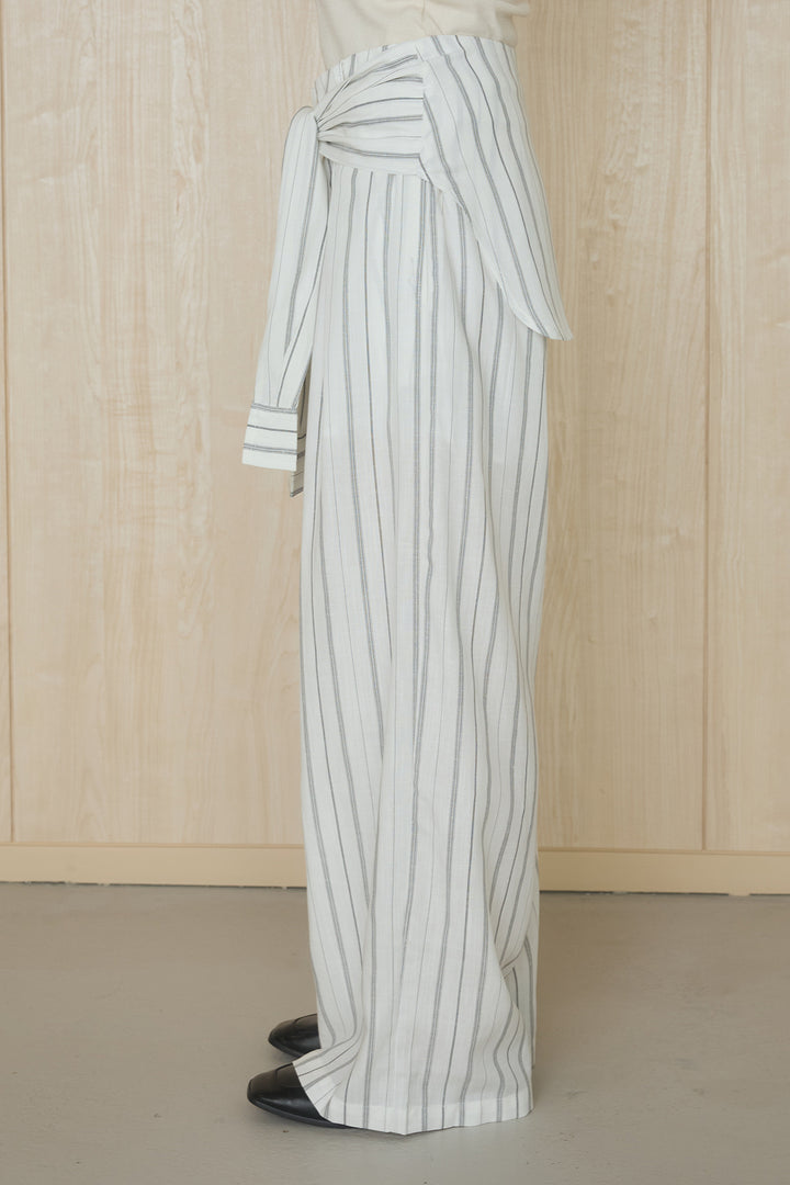 [SET]襟付きボタンブラウス+ウエスト巻きピンストライプパンツ(2set)