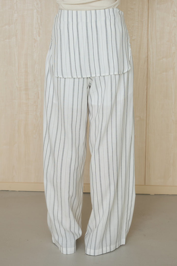 [SET]フレンチリブニットプルオーバー+ウエスト巻きピンストライプパンツ(2set)
