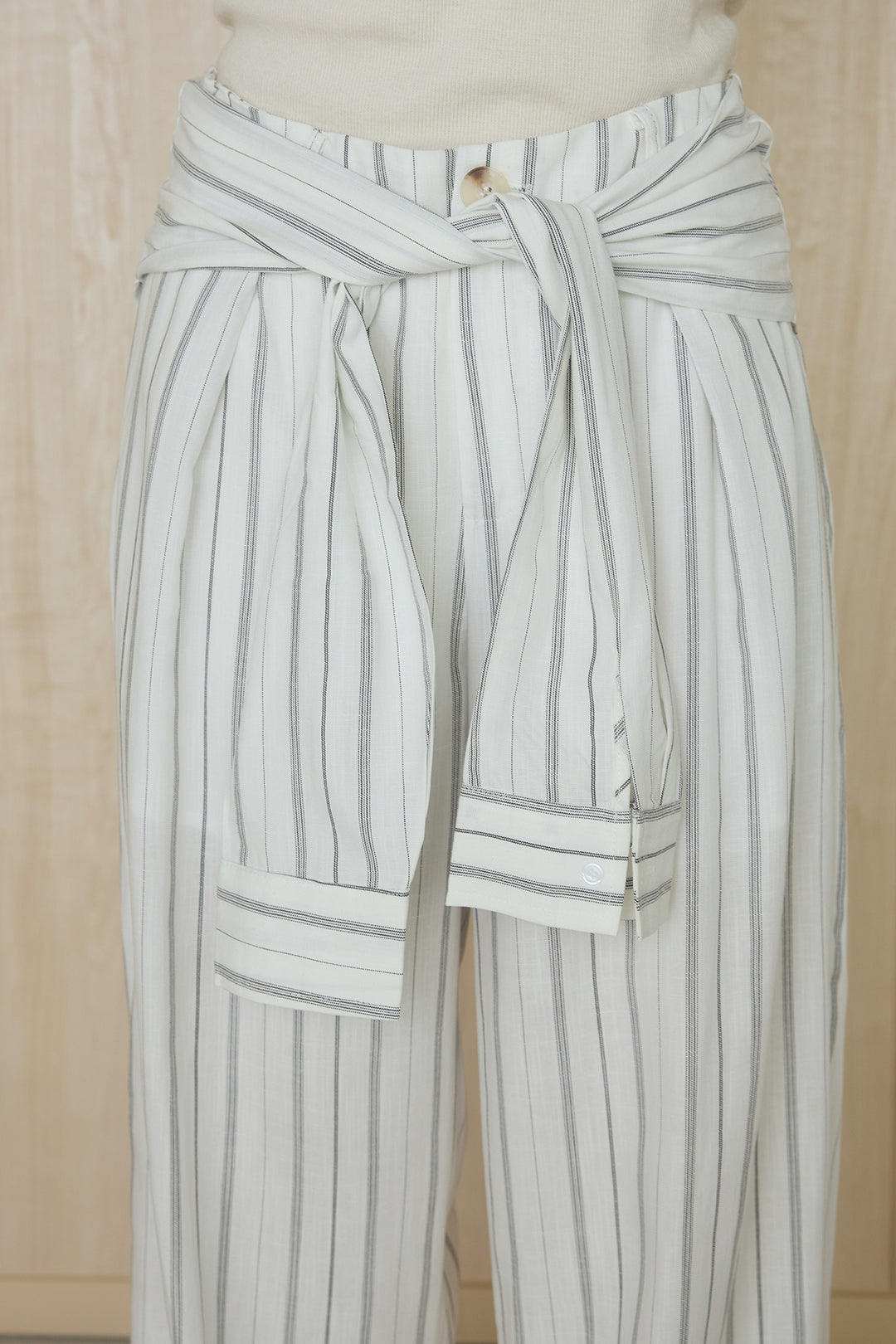 [SET]襟付きボタンブラウス+ウエスト巻きピンストライプパンツ(2set)