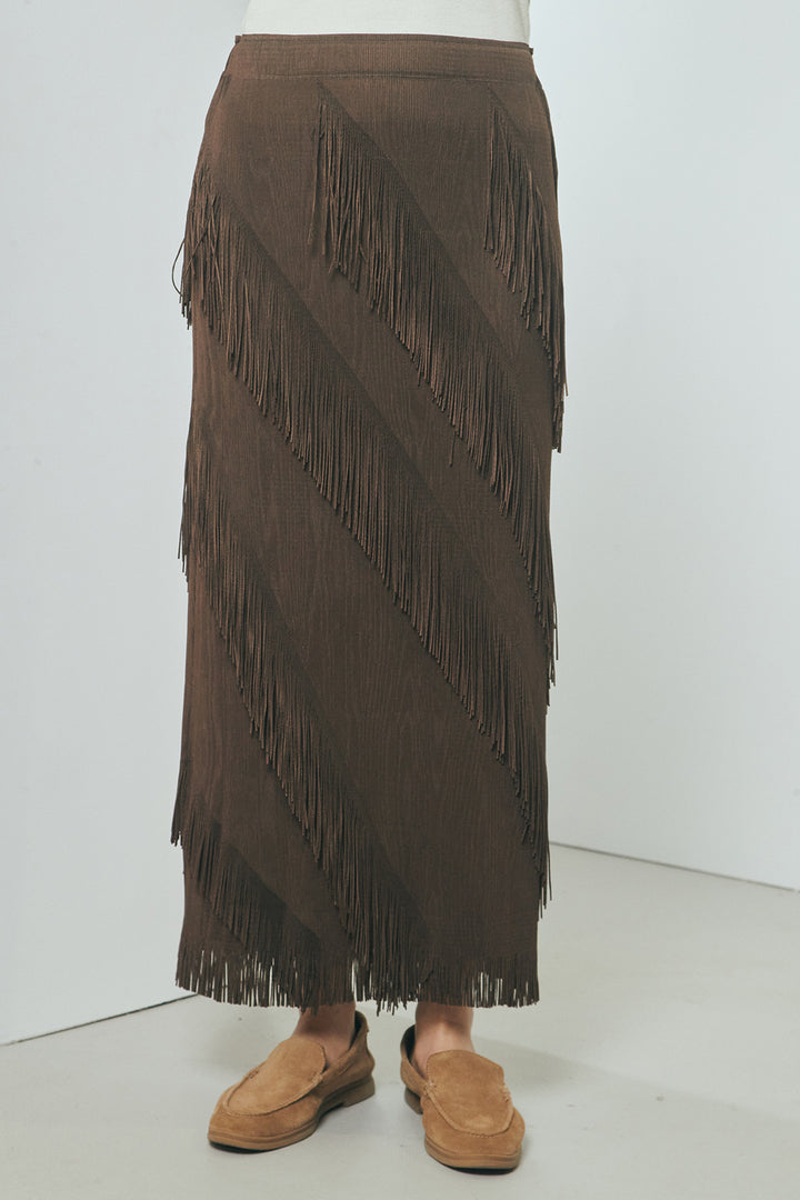 [SET]ミックスツイードベルト付きジャケット+斜めフリンジデザインスカート(2set)