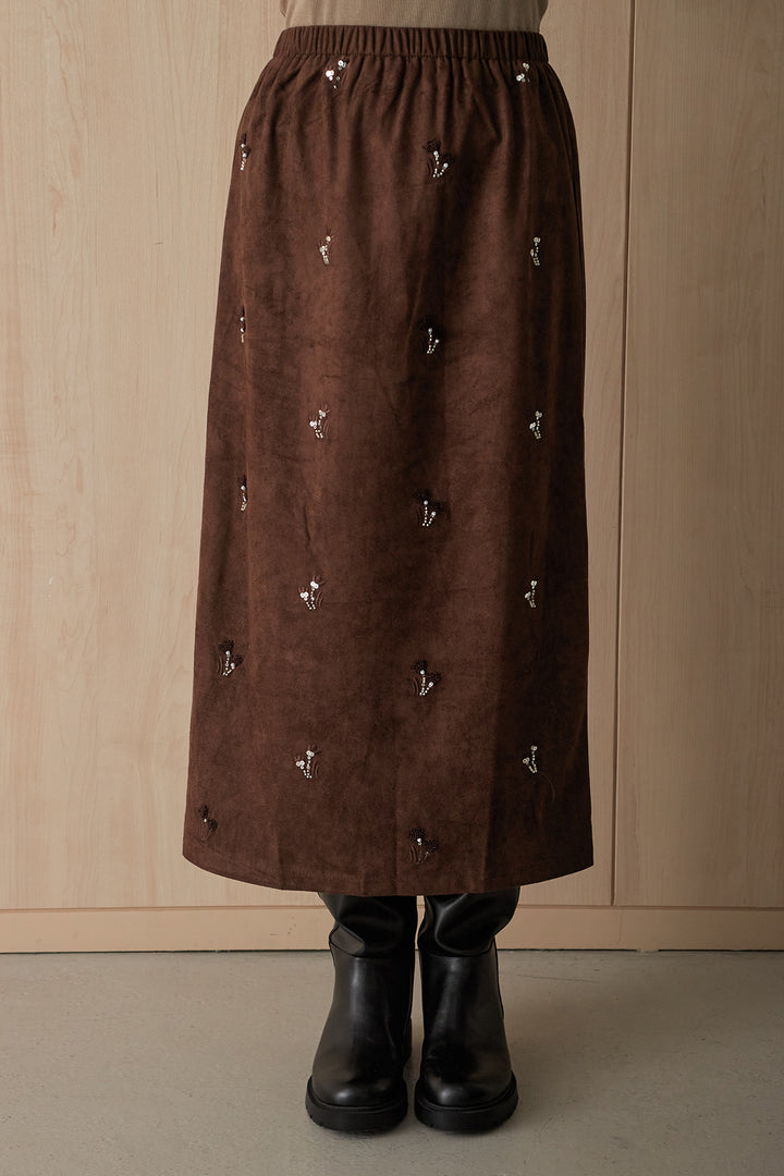 モチーフ刺繍柄スウェードスカート