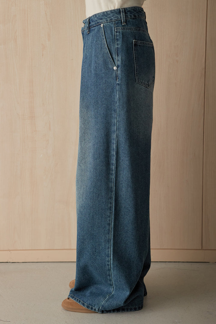 [SET]裾ベルトデニムシャツ+デニムタックワイドパンツ(2set)