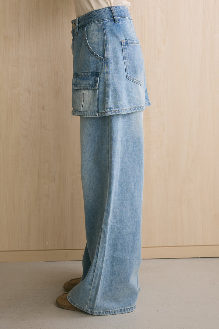 レイヤードスカートデニムワイドパンツ