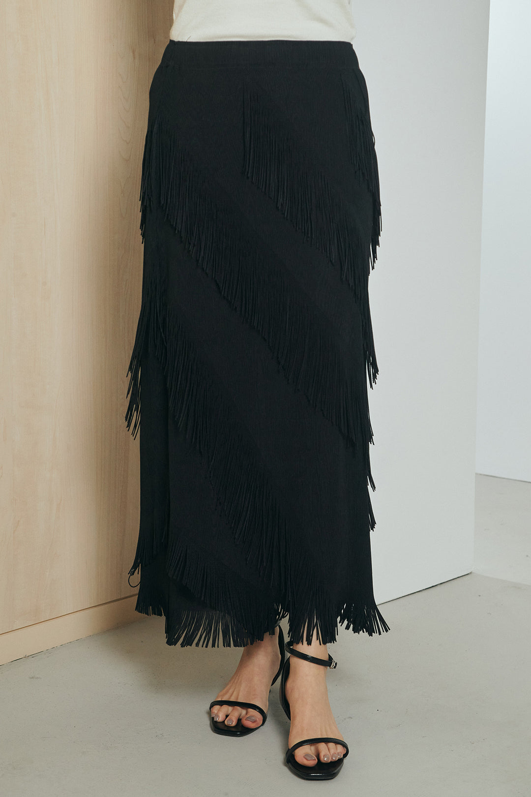 [SET]ミックスツイードベルト付きジャケット+斜めフリンジデザインスカート(2set)