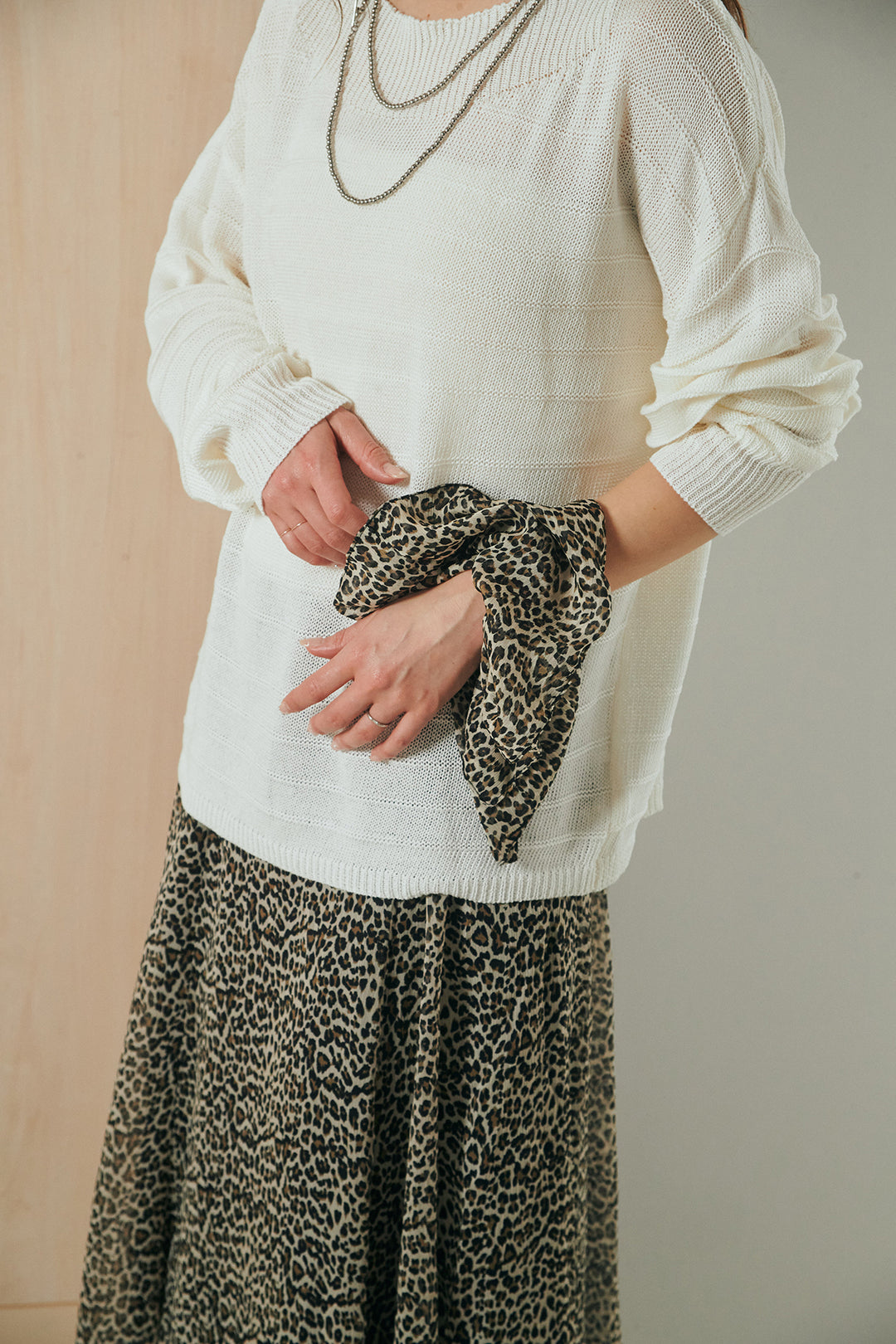 [SET]麻混リラックスニットトップス+リラックスレオパードロングスカート(2set)