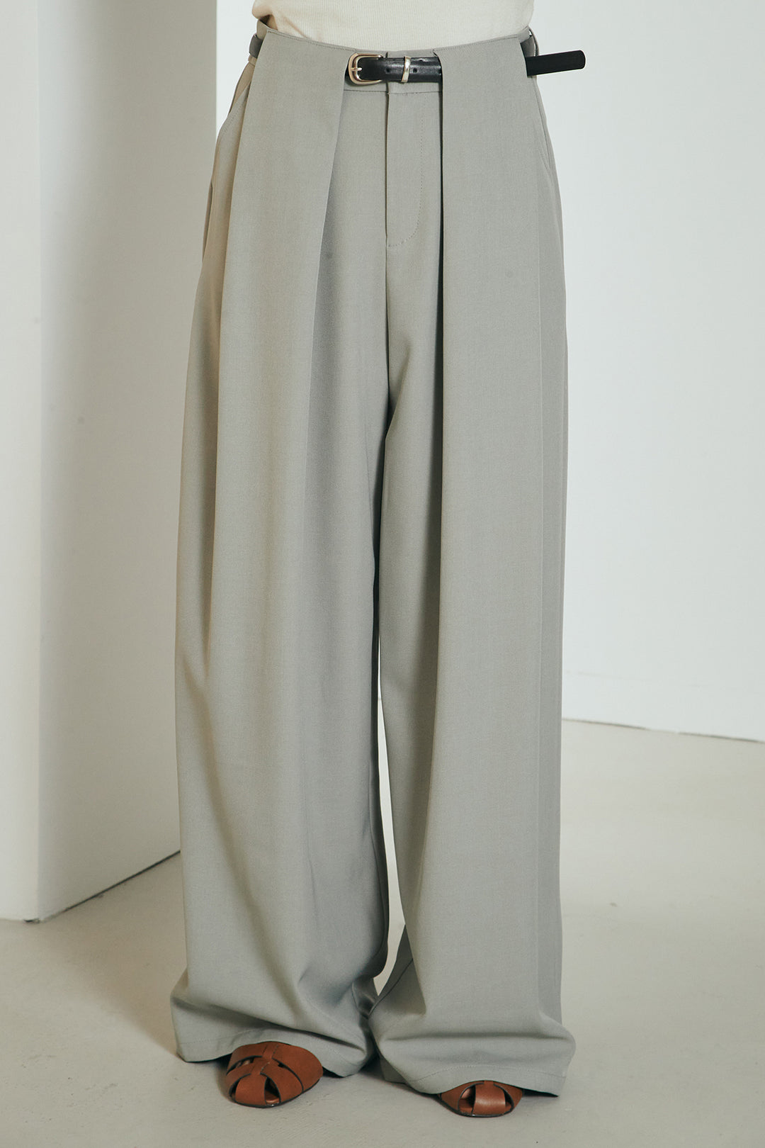 [SET]襟付き配色デニムブルゾン+ビックベルトループタックベルト付きワイドパンツ(2set)