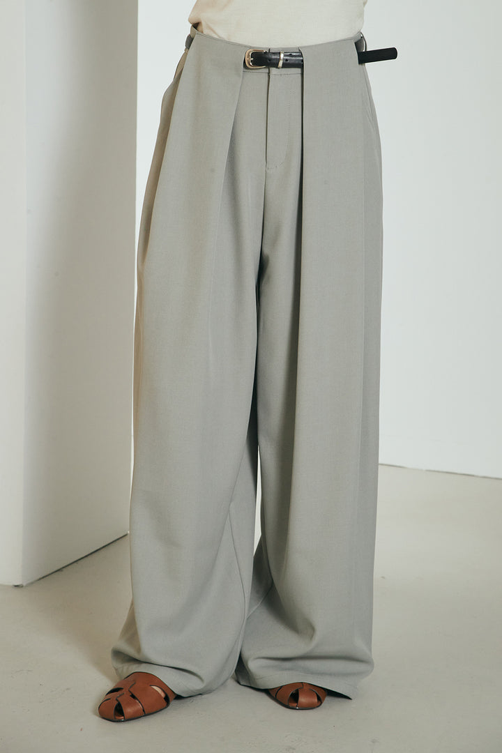 [SET]ヘンリーネックダメージニットプルオーバー+ビックベルトループタックベルト付きワイドパンツ(2set)