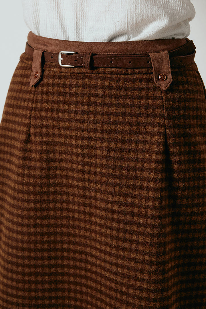 スエード調ベルト付きチェックナロースカート