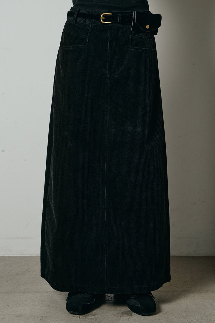 [SET]起毛配色マルチボーダーニットトップス+ポーチベルト付きコーデュロイワイドスカート(2set)