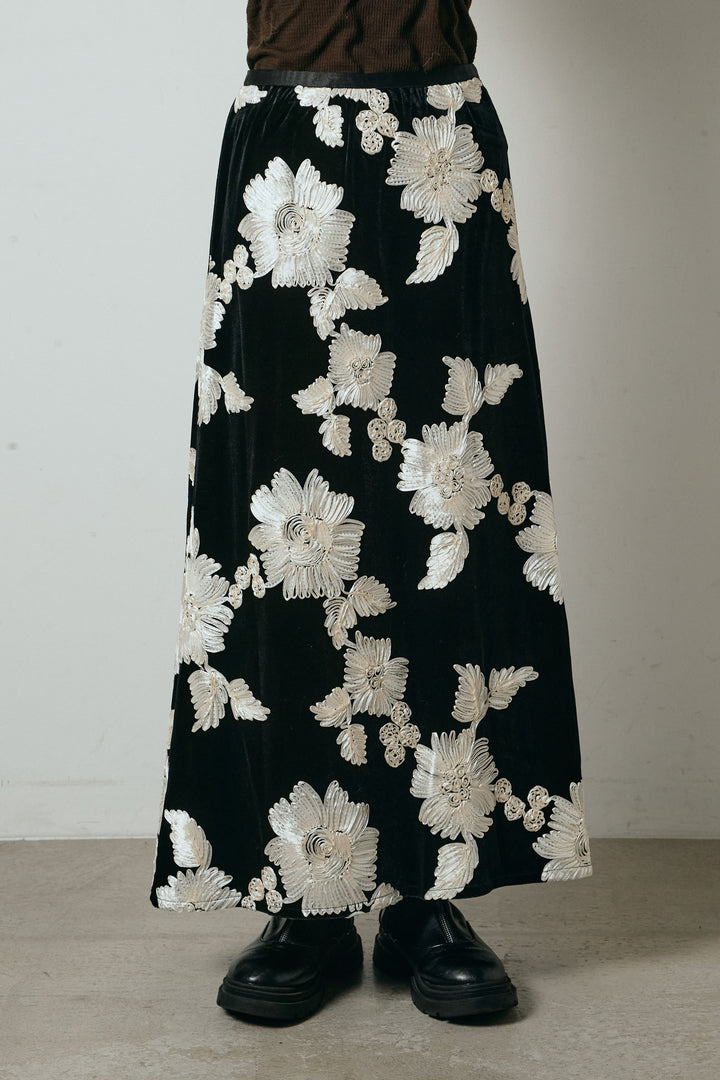 [SET]深Vネックシャギーニットトップス+フラワー刺繍ワイドスカート(2set)