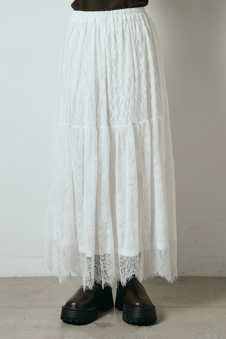 [SET]襟コーデュロイジップデニム調カバーオール+ひげレース切替ロング丈スカート(2set)