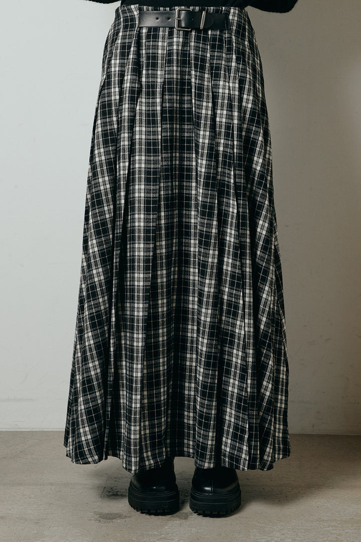 [SET]ポンチョシルエット透かしニットトップス+ベルト付きタータンチェックプリーツスカート(2set)