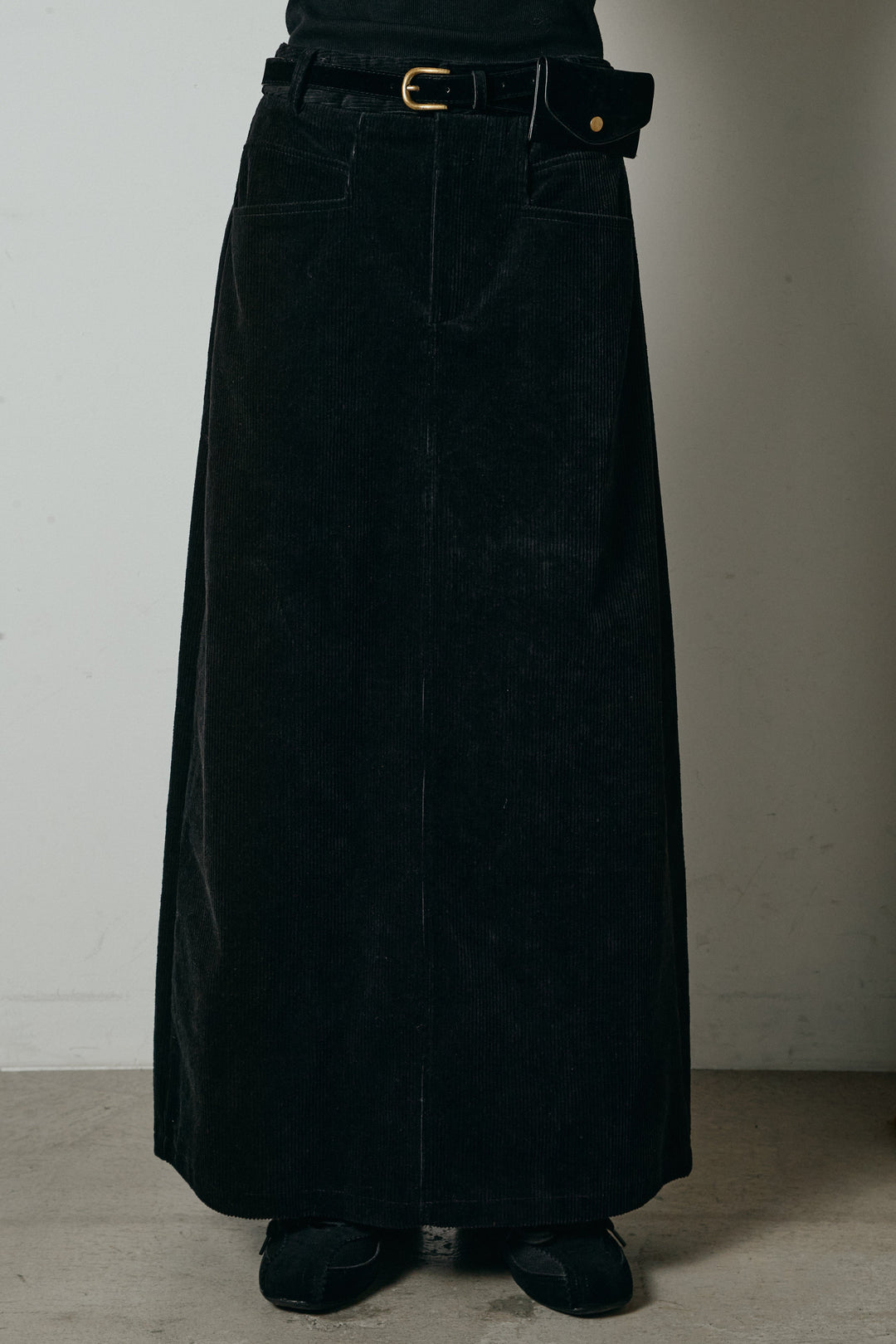 [SET]ストライプシャツドッキングポロトップス+ポーチベルト付きコーデュロイワイドスカート(2set)