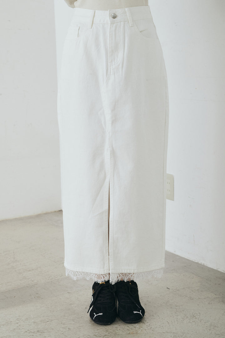 [SET]綿タッチVネックボーダートップス+裾レースデザインデニムスカート(2set)