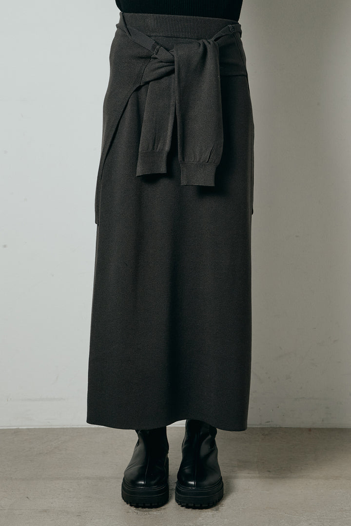 [SET]キルティング切り替えニットカーディガン+ウエストラップ巻きニットスカート(2set)