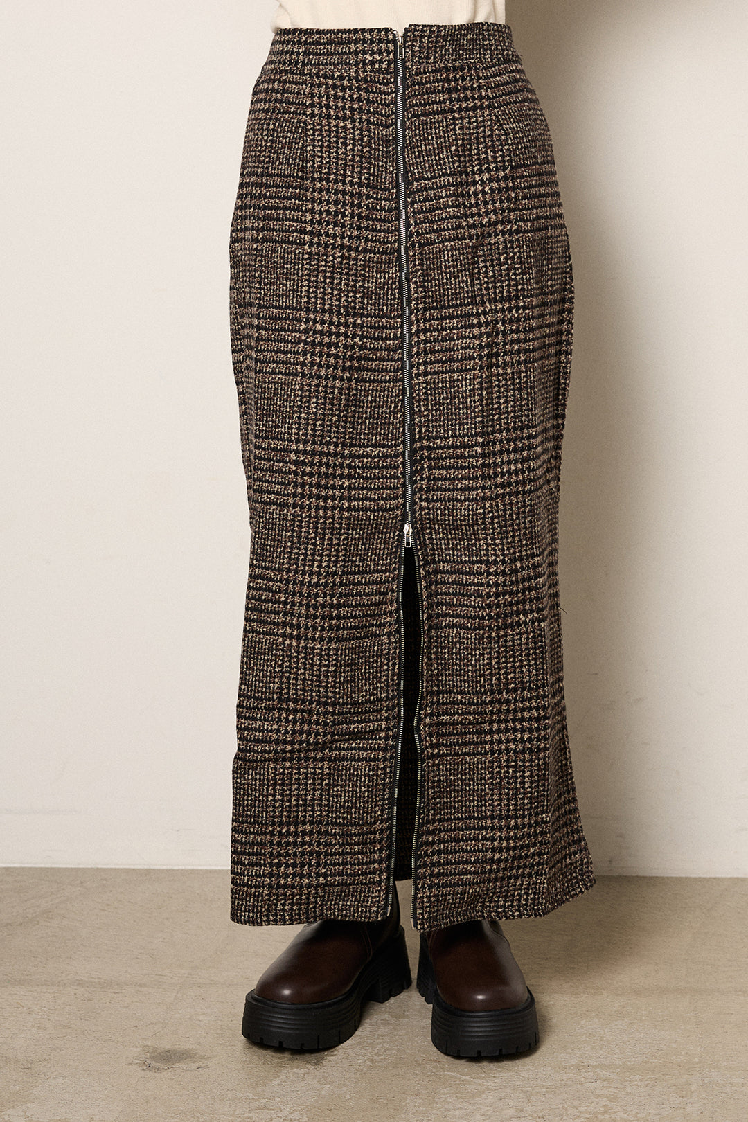 [SET]ケープデザインケーブルニットトップス+グレンチェック柄フロントジップタイトスカート(2set)