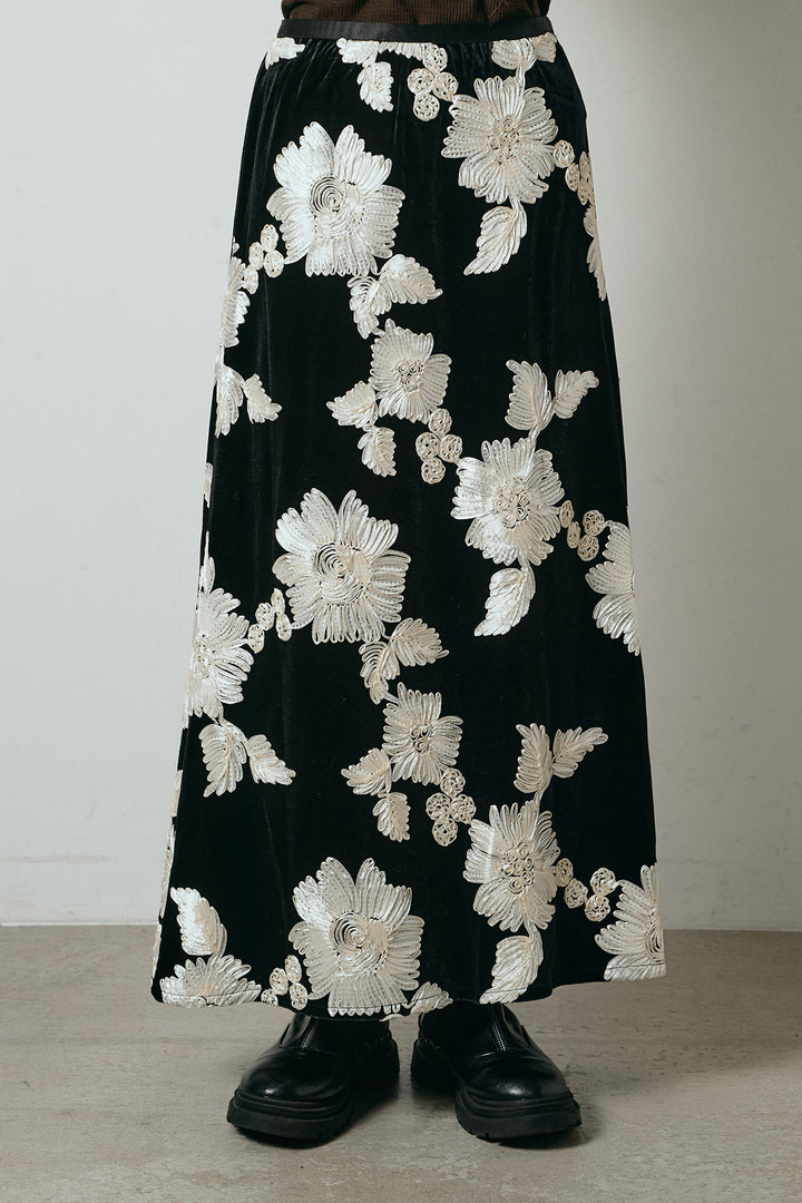 [SET]コード刺繍リラックスニットカーディガン+フラワー刺繍ワイドスカート(2set)