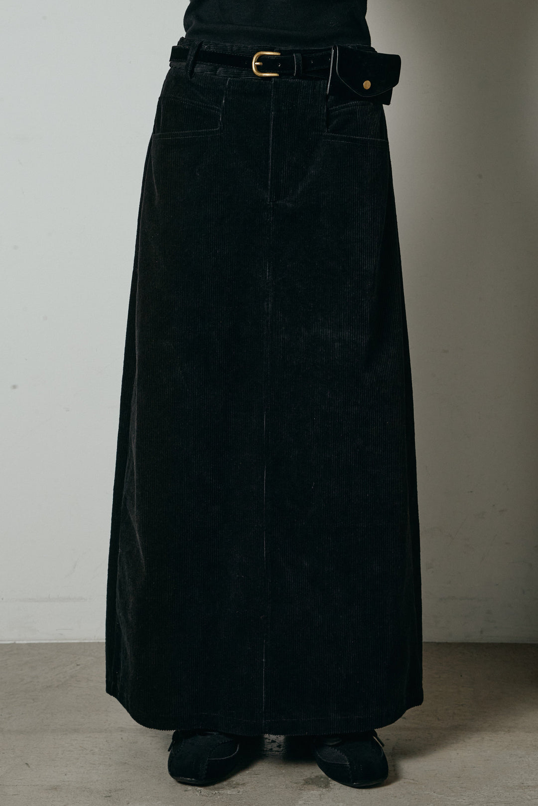 [SET]ラガーニットボーダーポロプルオーバー+ポーチベルト付きコーデュロイワイドスカート(2set)