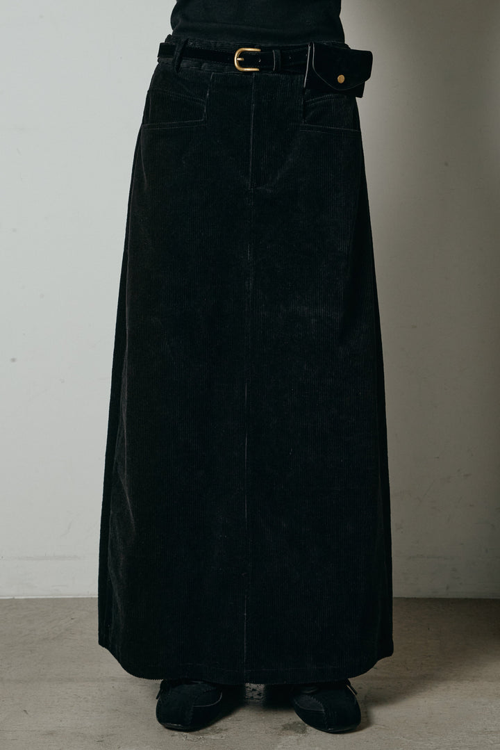 [SET]ラガーニットボーダーポロプルオーバー+ポーチベルト付きコーデュロイワイドスカート(2set)