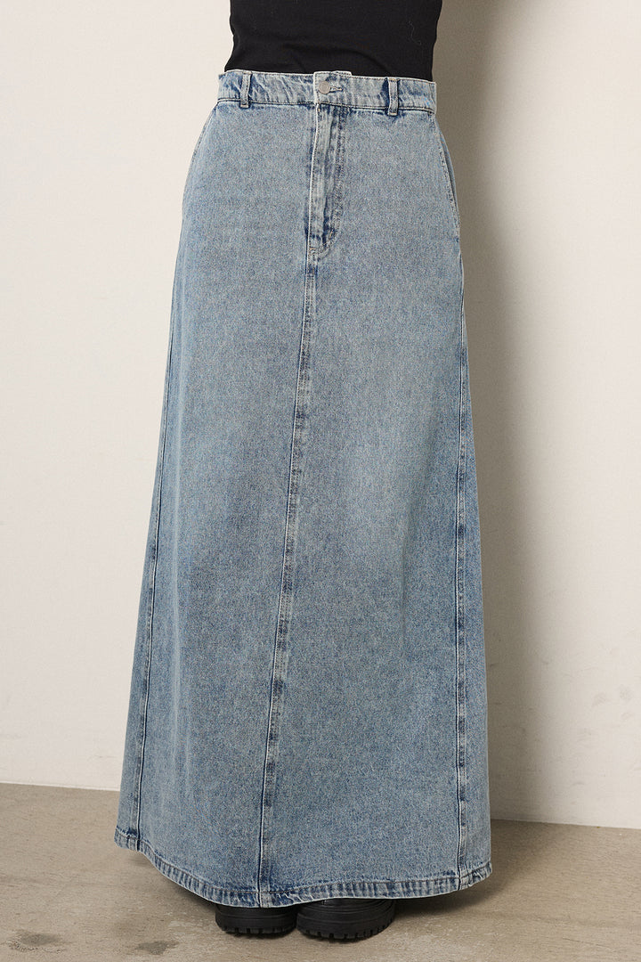 [SET]シャギーボーダー柄ニットカーディガン+デニムロングフレアスカート(2set)