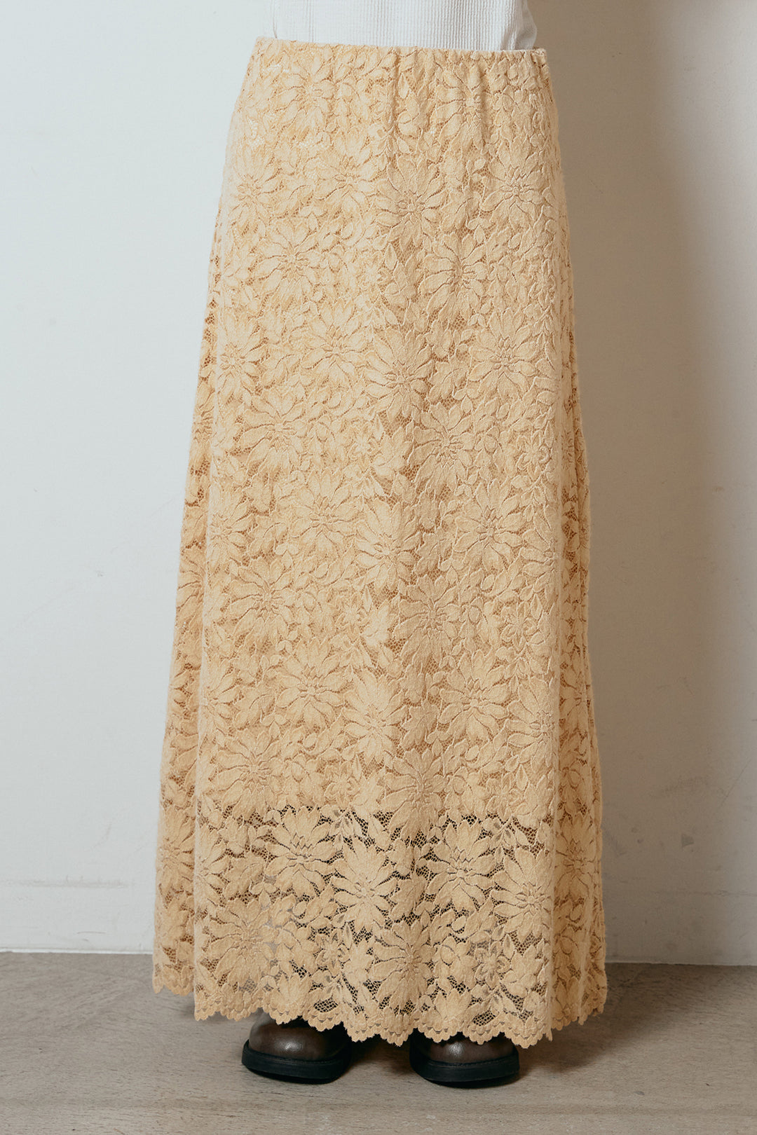 [SET]襟付きマルチボーダーニットポロトップス+花柄刺繍ベロアフレアスカート(2set)