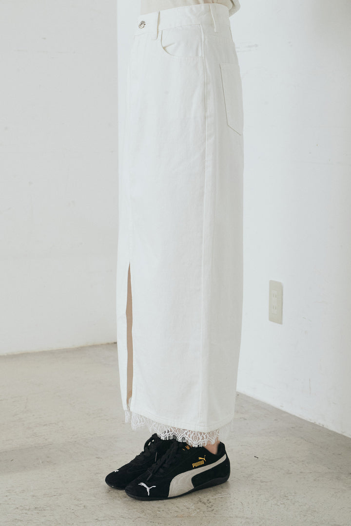 [SET]綿タッチVネックボーダートップス+裾レースデザインデニムスカート(2set)