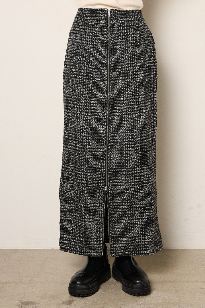 [SET]ウェーブシャギーニットジャケット+グレンチェック柄フロントジップタイトスカート(2set)