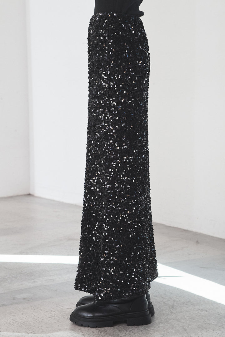 [SET]アシンメトリーデザインニットトップス+スパンコールニットワイドスカート(2set)