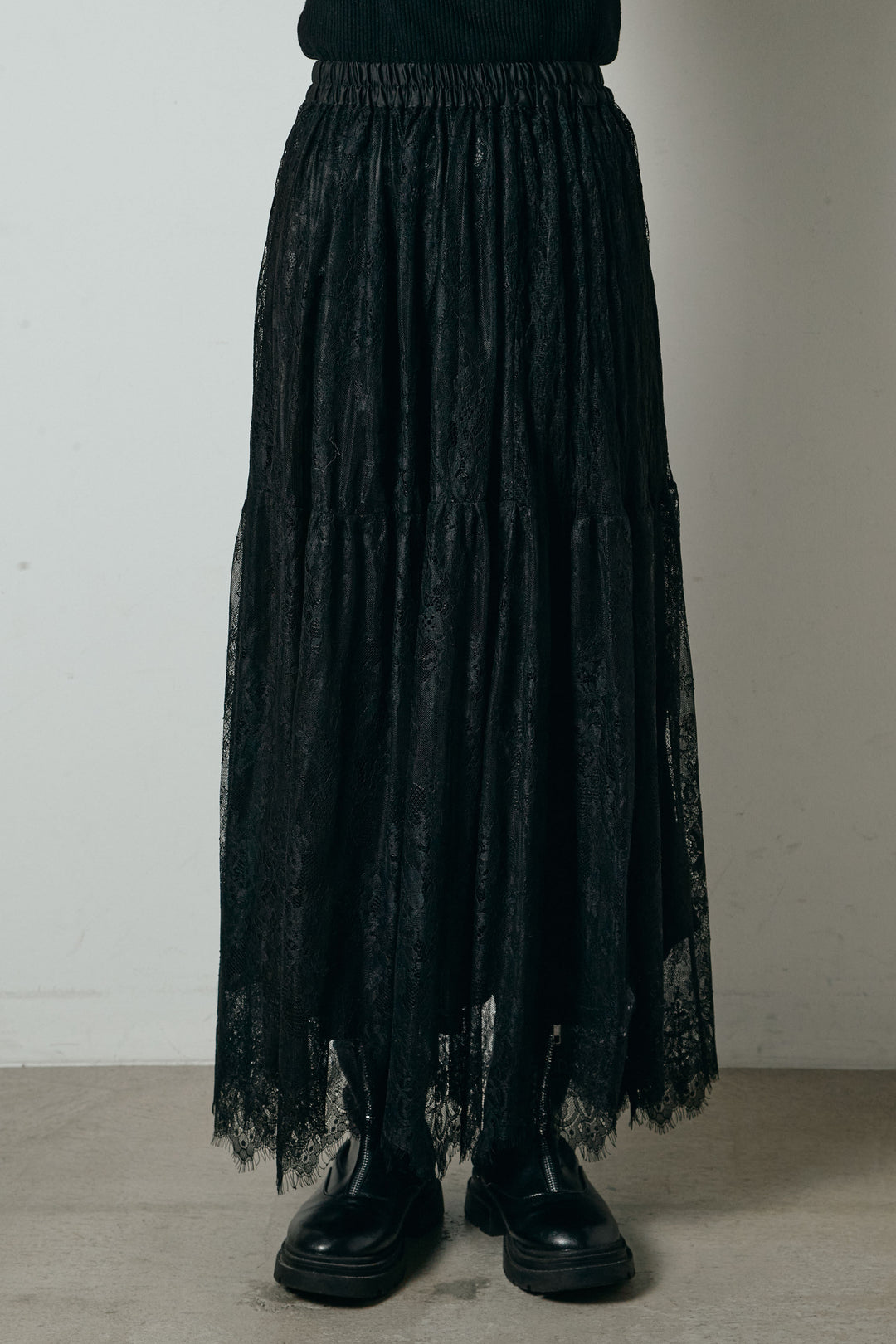 [SET]ラガーニットボーダーポロプルオーバー+ひげレース切替ロング丈スカート(2set)