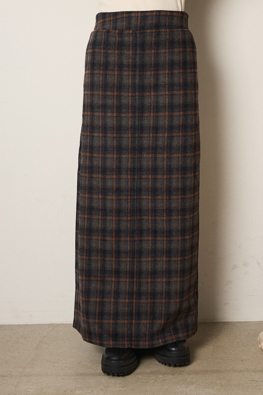 [SET]アシメデザインリブポンチョニットトップス+シャギーチェックストレートスカート(2set)