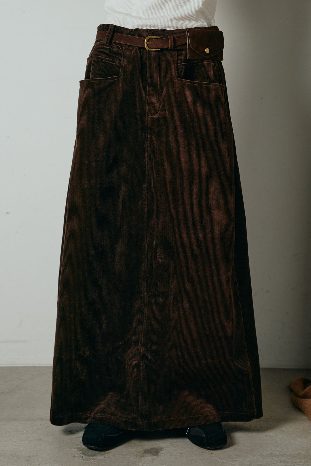 [SET]ラガーニットボーダーポロプルオーバー+ポーチベルト付きコーデュロイワイドスカート(2set)