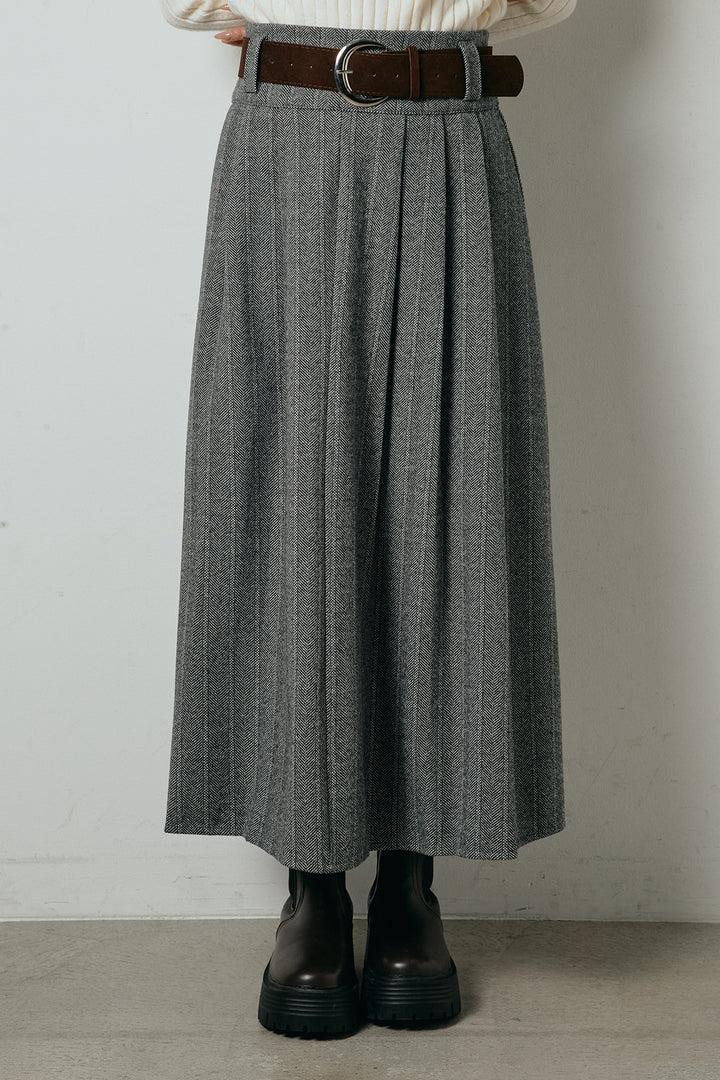 [SET]レイヤード風リブニットトップス+太ベルト付きヘリンボーンプリーツスカート(2set)