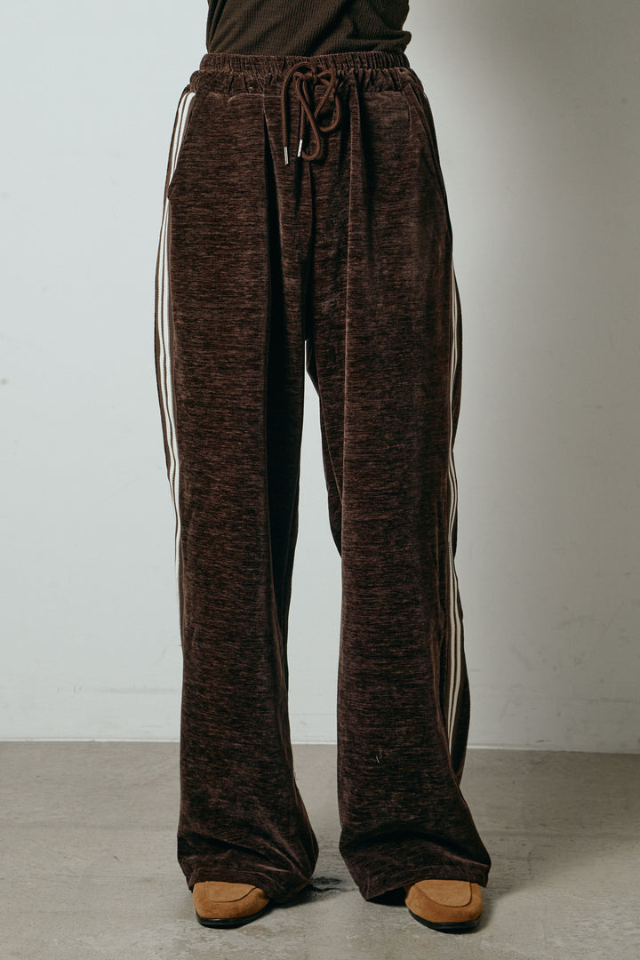 [SET]深Vネックシャギーニットトップス+リラックスサイドラインベロアワイドパンツ(2set)