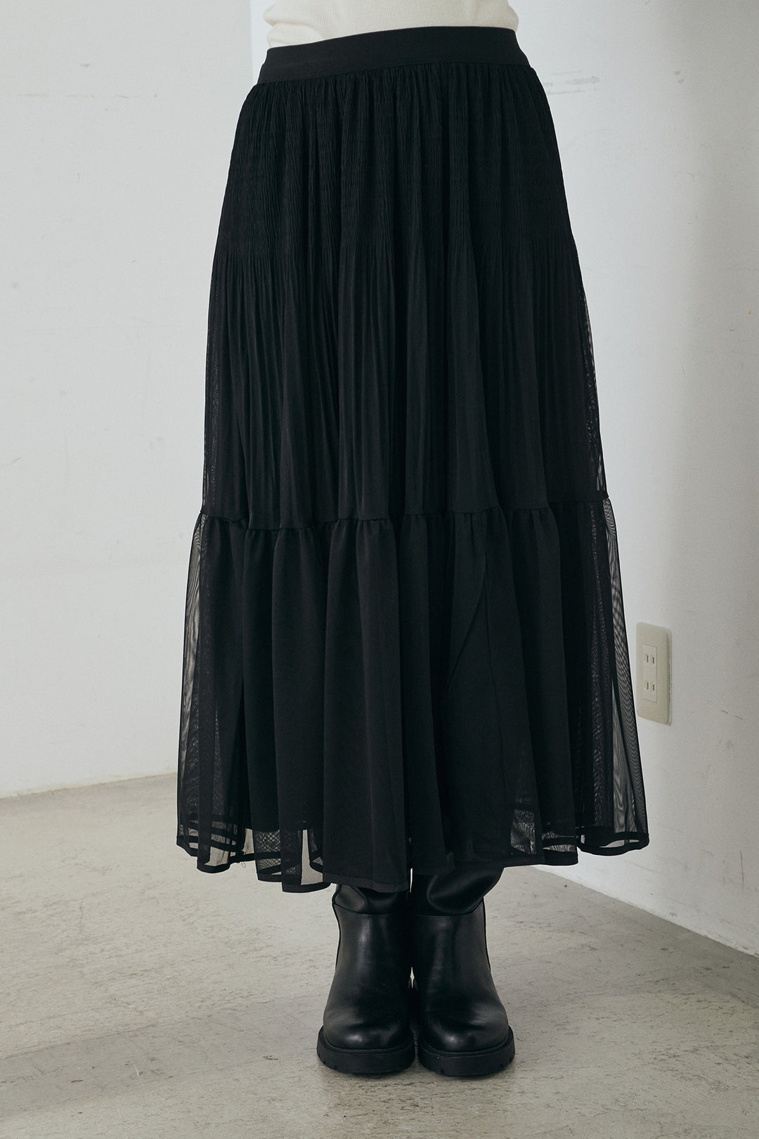 [SET]デニム切替ポンチダブルジップパーカー+ボリュームシルエットチュールスカート(2set)