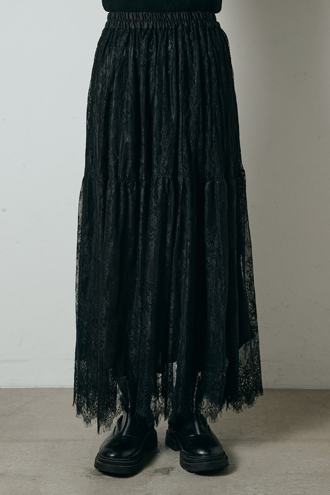 [SET]デニム調ハイネックブルゾン+ひげレース切替ロング丈スカート(2set)