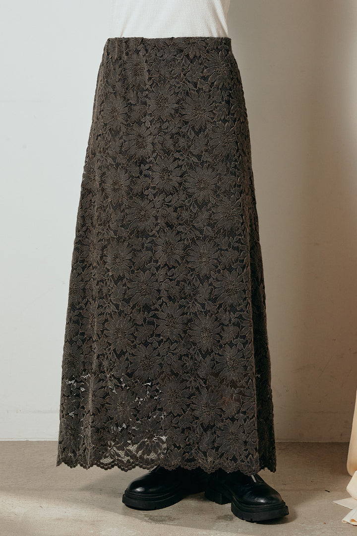 [SET]モヘアタッチマーブルニット+花柄刺繍ベロアフレアスカート(2set)