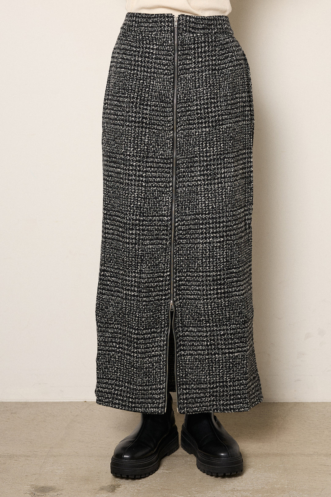 [SET]パターンランダム編みニットトップス+グレンチェック柄フロントジップタイトスカート(2set)