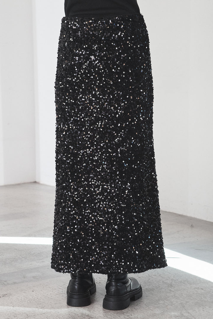 [SET]アシンメトリーデザインニットトップス+スパンコールニットワイドスカート(2set)