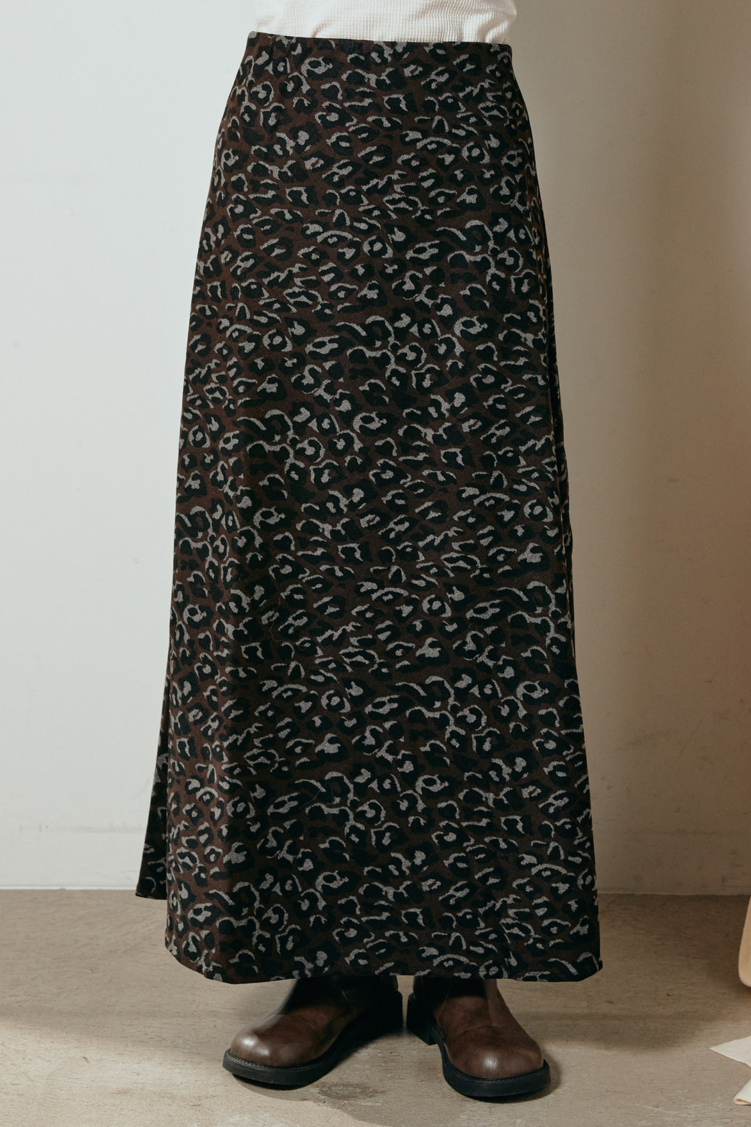 [SET]襟付きシャギーニットポロトップス+レオパードロングスカート(2set)