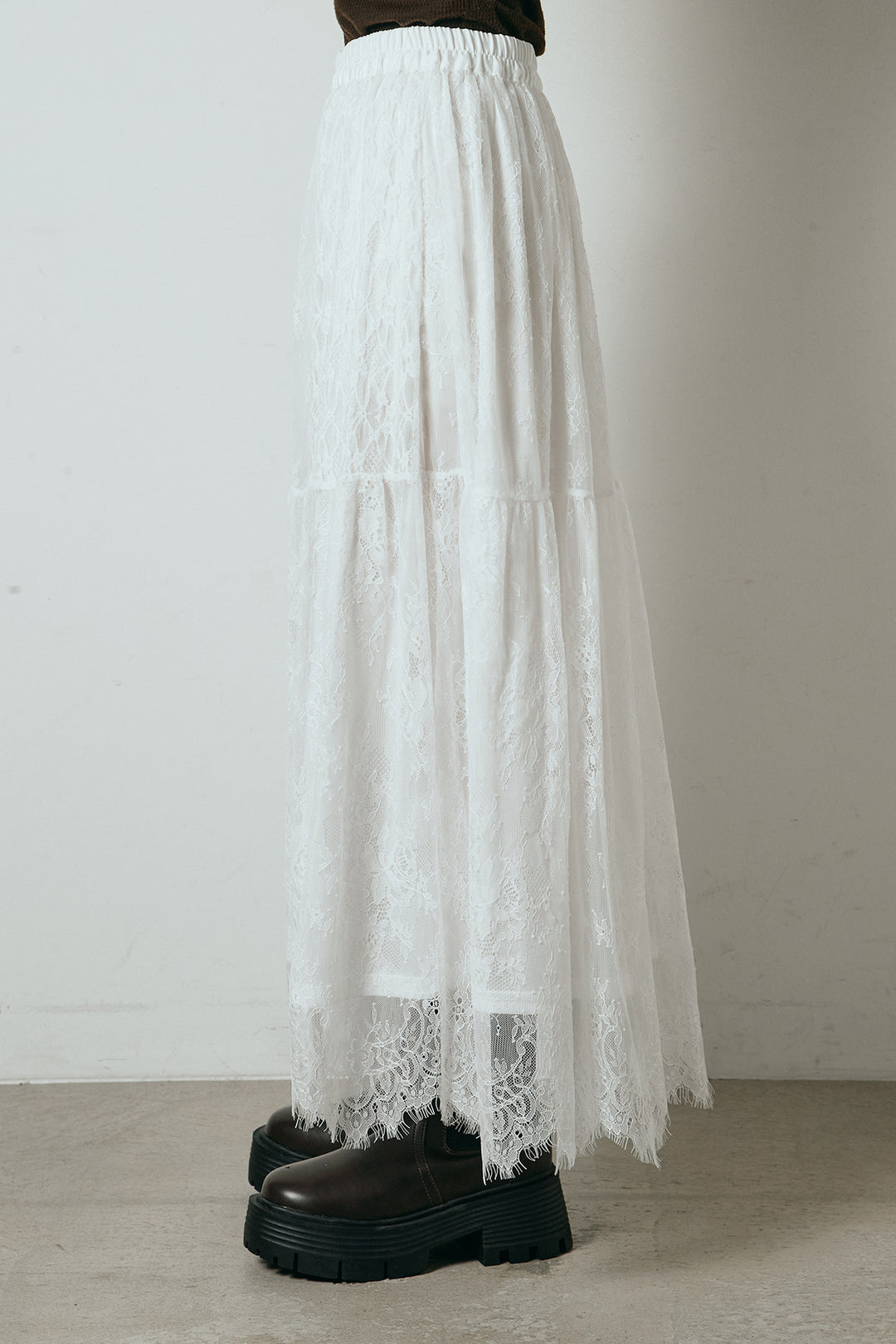 [SET]デニム調ハイネックブルゾン+ひげレース切替ロング丈スカート(2set)