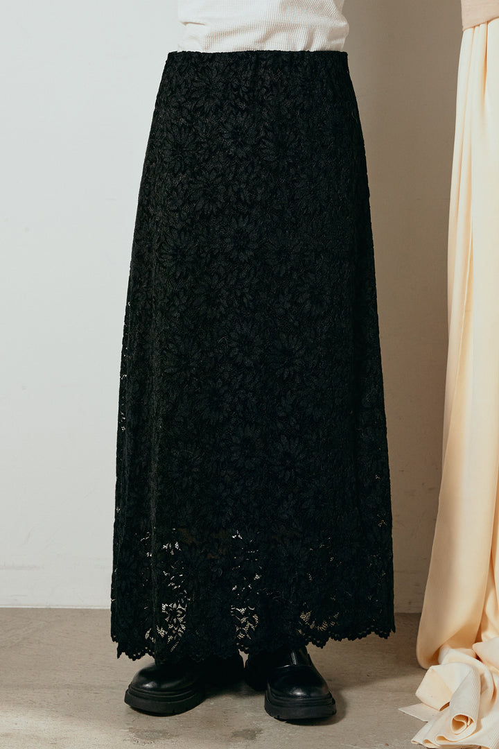 [SET]ウール混透かしロゴニットカーディガン+花柄刺繍ベロアフレアスカート(2set)