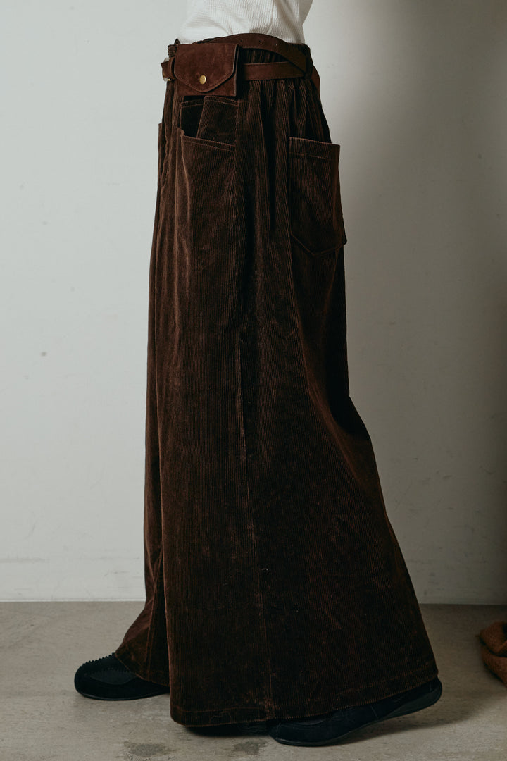 [SET]起毛配色マルチボーダーニットトップス+ポーチベルト付きコーデュロイワイドスカート(2set)