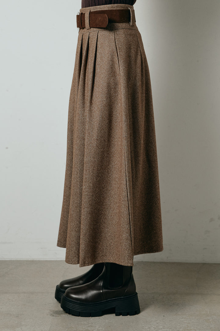 [SET]レイヤード風リブニットトップス+太ベルト付きヘリンボーンプリーツスカート(2set)