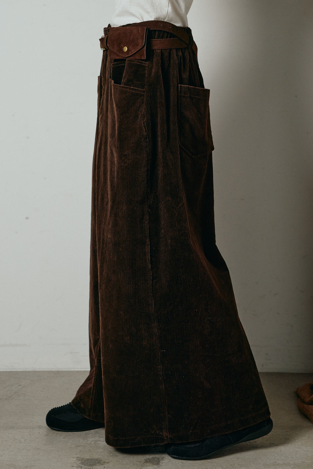 [SET]ストライプシャツドッキングポロトップス+ポーチベルト付きコーデュロイワイドスカート(2set)