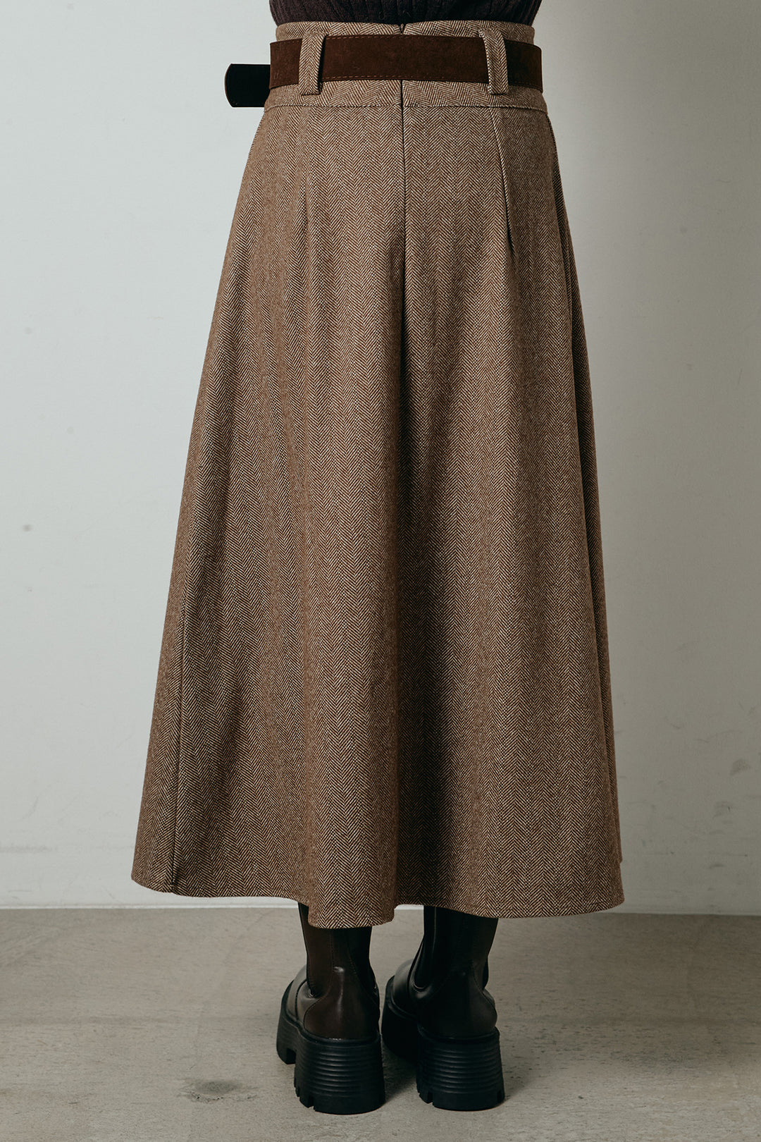 [SET]起毛配色マルチボーダーニットトップス+太ベルト付きヘリンボーンプリーツスカート(2set)