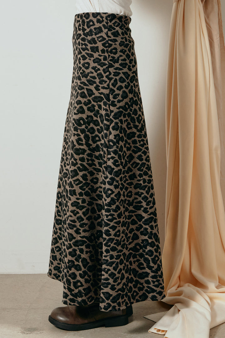 [SET]襟付きシャギーニットポロトップス+レオパードロングスカート(2set)