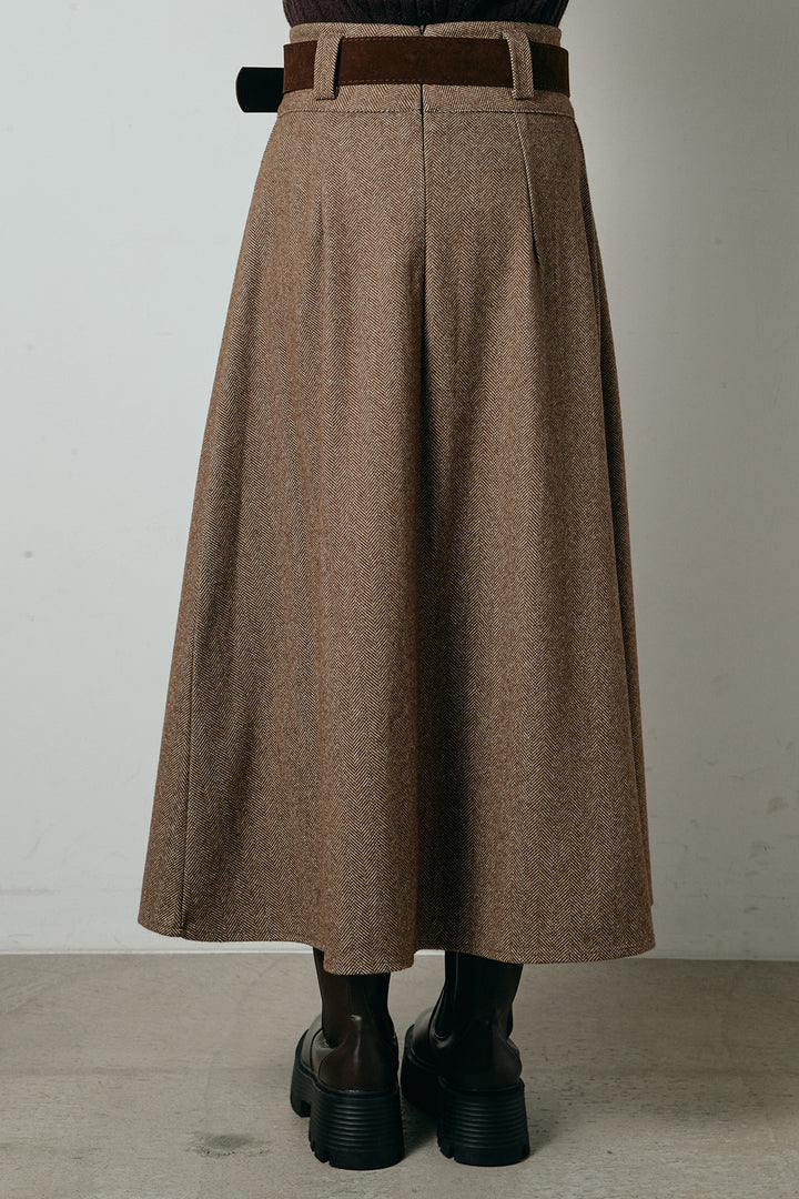 [SET]レイヤード風リブニットトップス+太ベルト付きヘリンボーンプリーツスカート(2set)